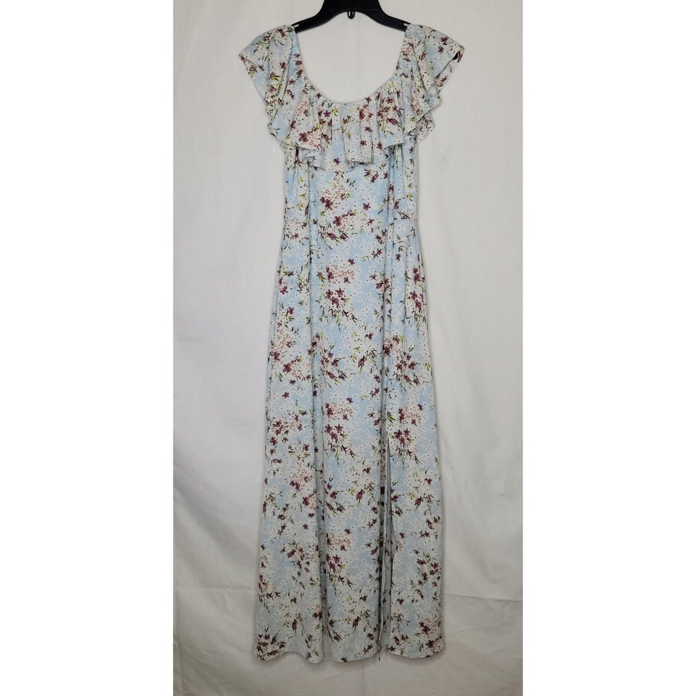 BCBGeneration Light Blue Floral Ruffle Off Shoulder Maxi Dress Small Slit Boho - Picture 2 of 8